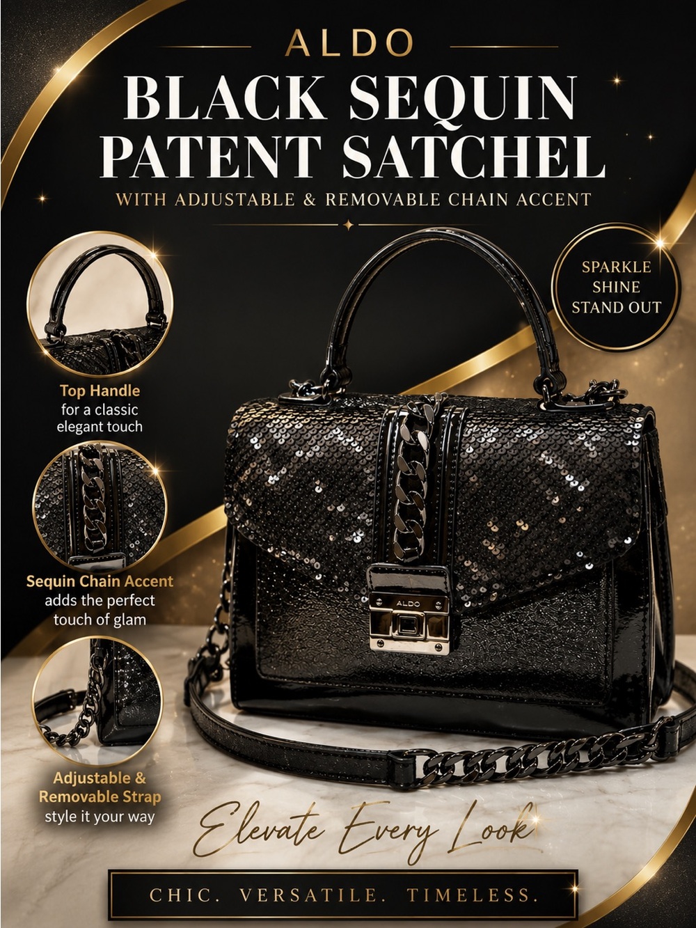 Aldo Black Sequin Satchel Chain Purse Party Evening Y2K Patent Bag